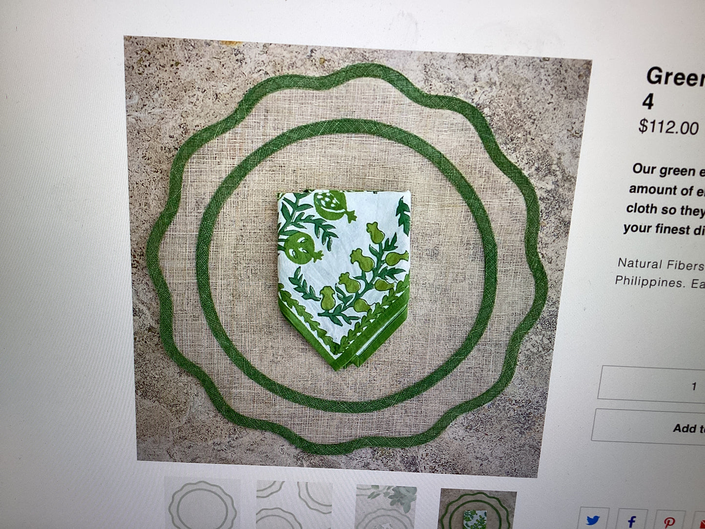 Pomegranate-scalloped rice paper placemat set 4 green