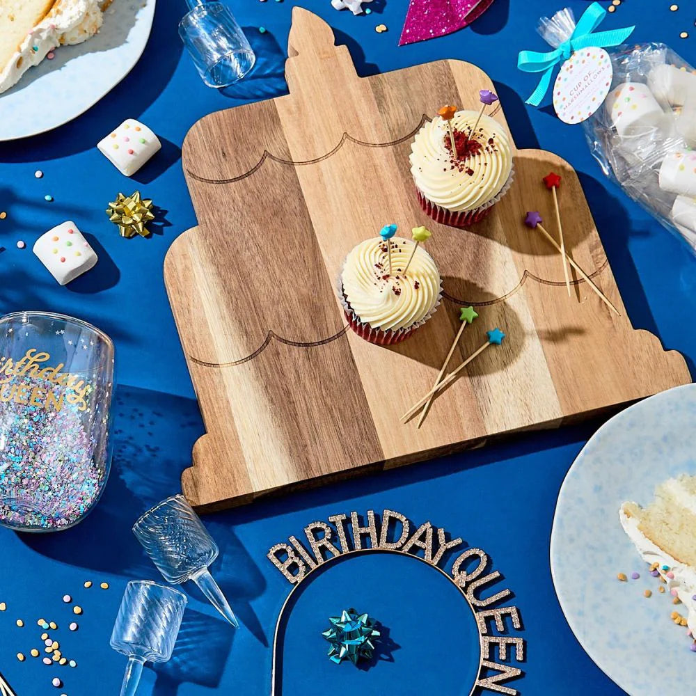 Two's company-birthday cake serving board w/20 star picks