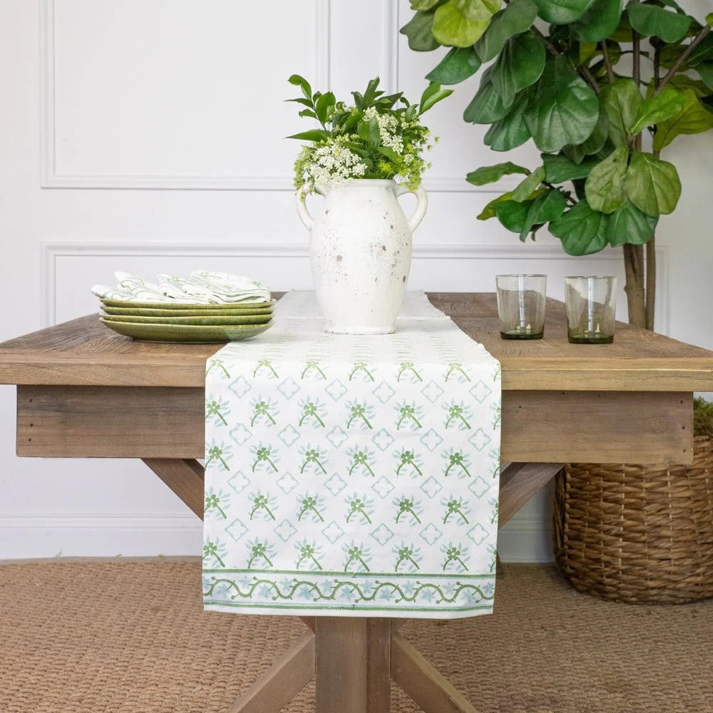 Pomegranate - India Hicks Home Cuban Flower Palladian Blue & Soft Sage Table Runner