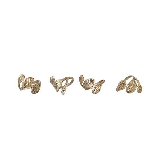 Creative Co Op-Brass Leaf Shaped Napkin Rings with Leather Tie, Set of 4