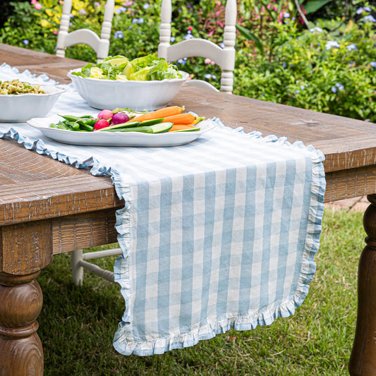 Juliska- Gingham Ruffle 18" x 90" Table Runner - Ocean