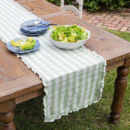 Juliska- Gingham Ruffle 18" x 90" Table Runner - Seagrass