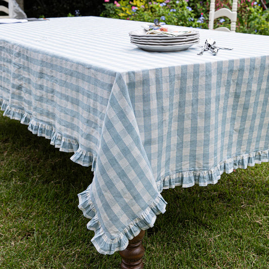 Juliska- Gingham Ruffle 60" x 120" Tablecloth - Ocean